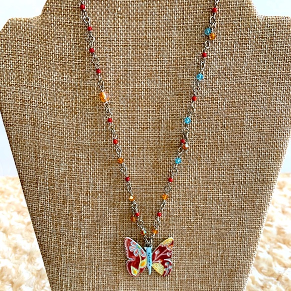 Caroline Simas Signed Cottagecore Enamel Butterfly Beaded Necklace - Picture 2 of 6